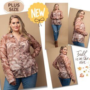 NEW Sheer Cream Mocha Swirl Button Down Ruched Long Sleeve Blouse Top PLUS SIZE